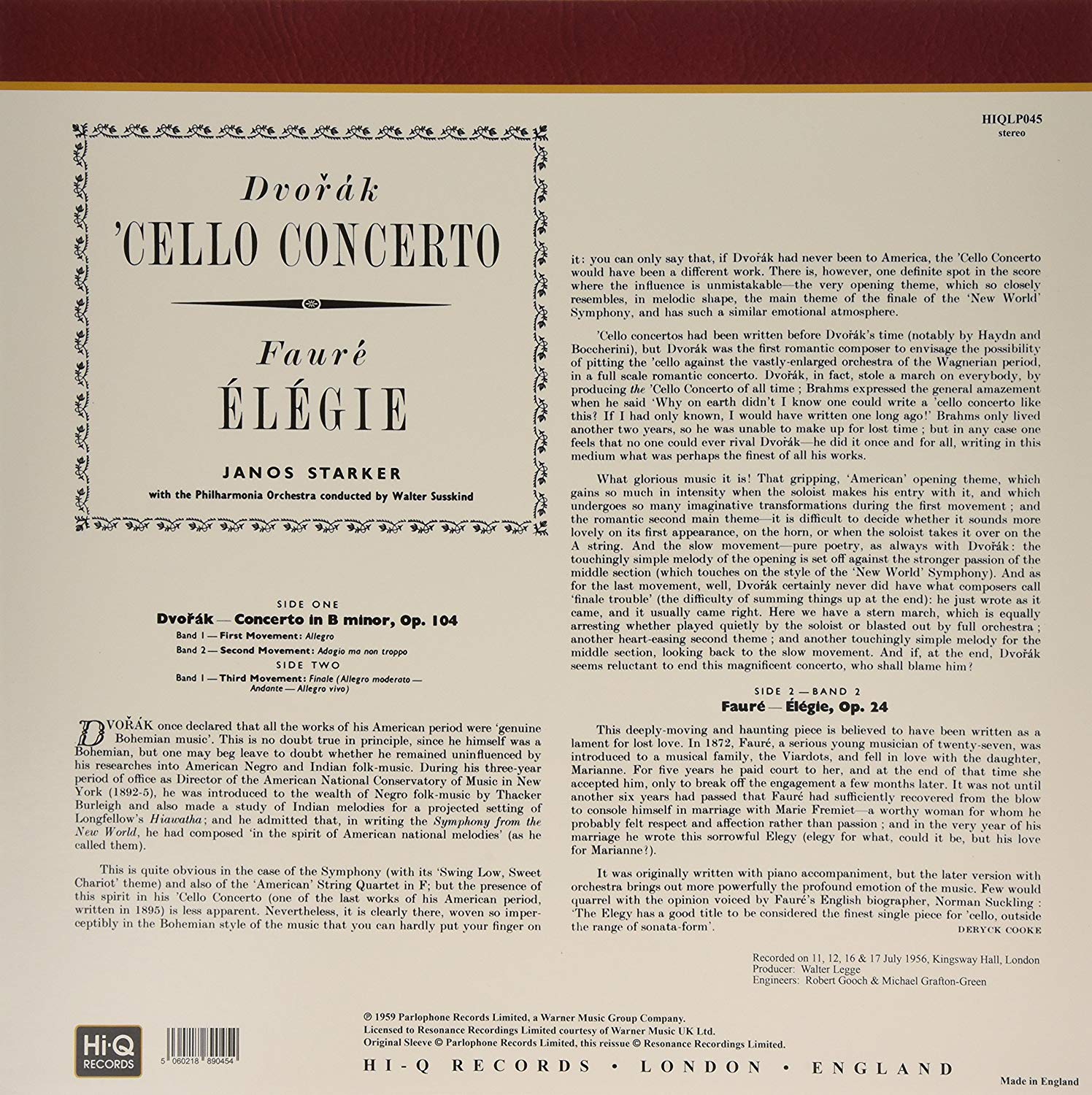 Janos Starker 드보르작: 첼로 협주곡 / 포레: 엘레지 (Dvorak: Cello Concerto / Faure: Elegie for Cello and Orchestra) [LP]