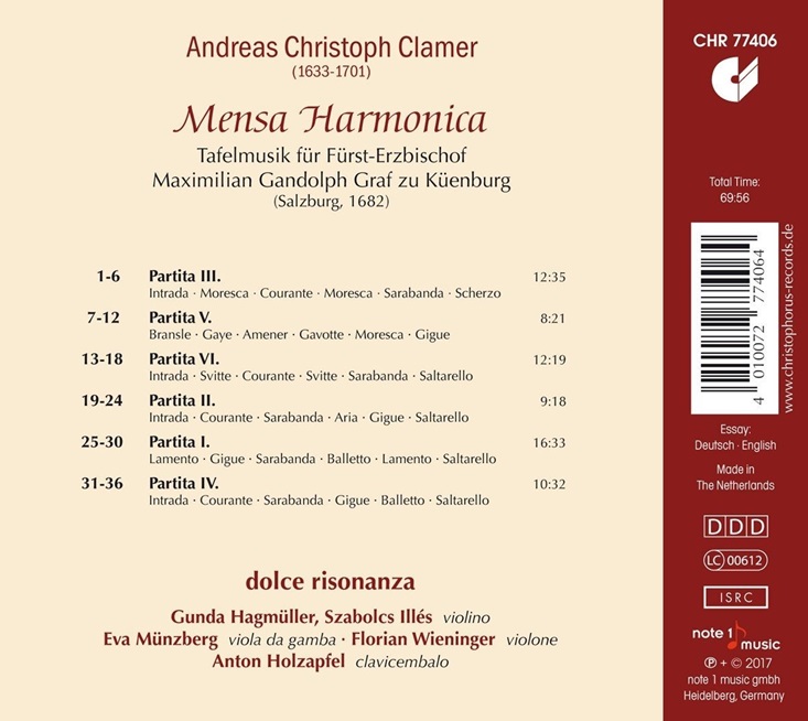 Dolce Risonanza 안드레아스 크리스토프 클라머: 타펠무지크 '멘사 아르모니카' - 돌체 리소난차 (Andreas Christoph Clamer: Tafelmusik 'Mensa Harmonica')