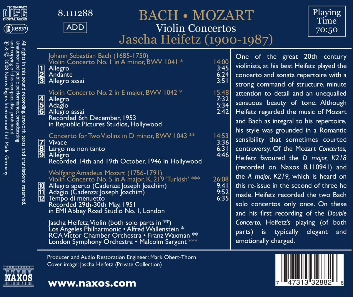 하이페츠가 연주하는 바흐 / 모차르트의 바이올린 협주곡집 (Jascha Heifetz plays Bach / Mozart Violin Concertos)