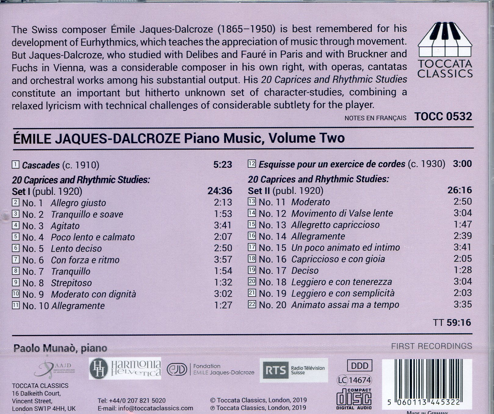 Paolo Munao 에밀 자크-달크로즈: 20개의 광시곡과 리듬 연습곡, 케스케이드, 스케치 (Emile Jaques-Dalcroze: Piano Music, Volume Two)