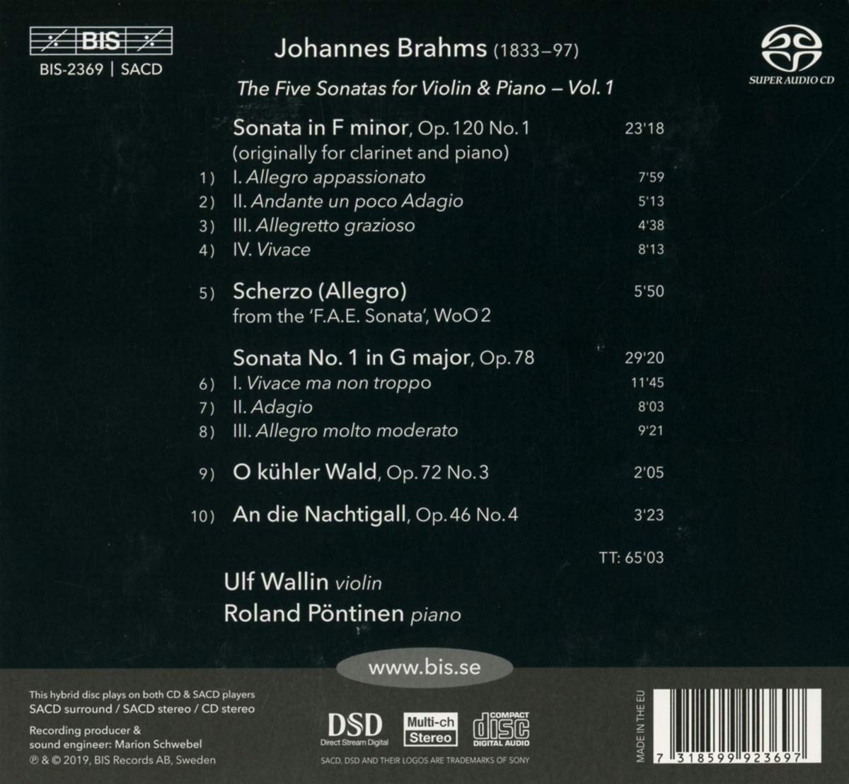 Ulf Wallin / Roland Pontinen 브람스: 바이올린과 피아노를 위한 5개의 소나타 1집 (Brahms: The Five Sonatas for Violin and Piano Vol. 1)