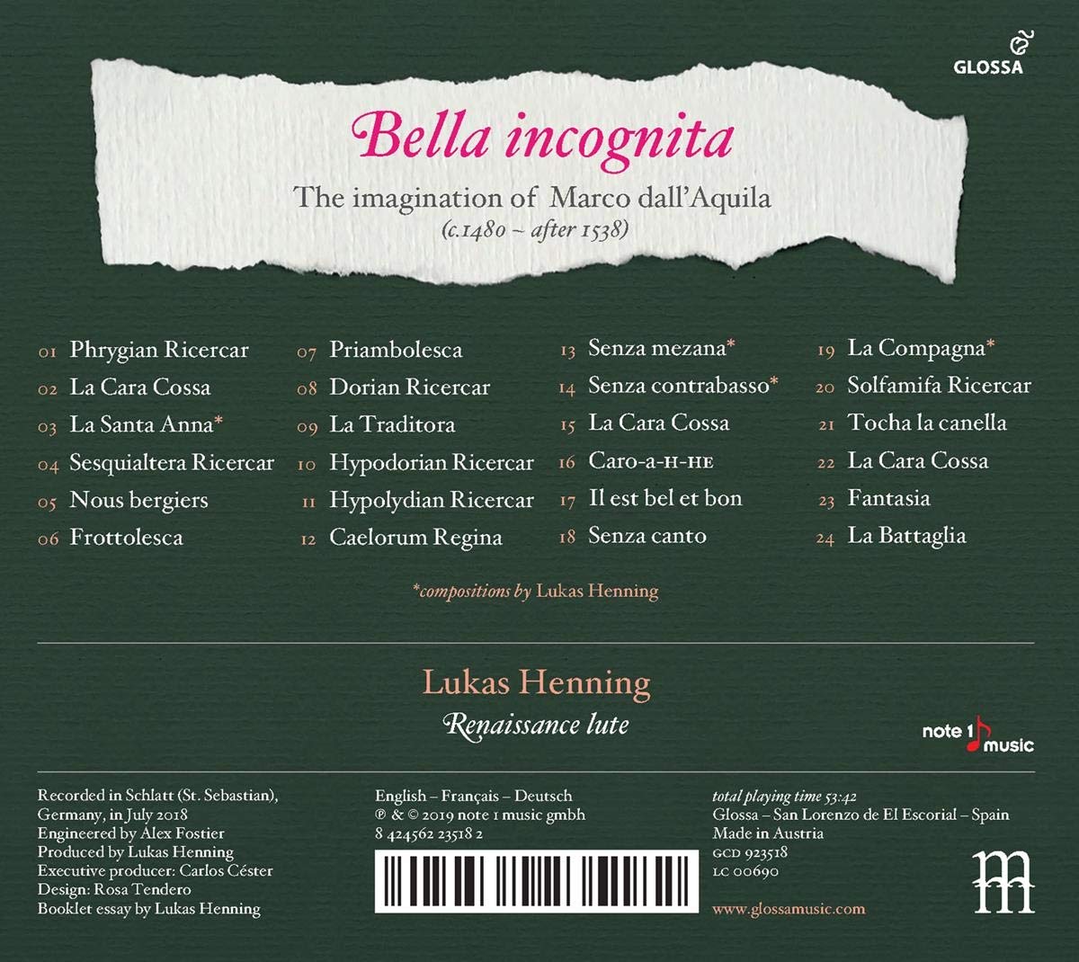 Lukas Henning 마르코 달라퀼라: 류트 작품집 (Bella incognita - The imagination of Marco dall'Aquila)