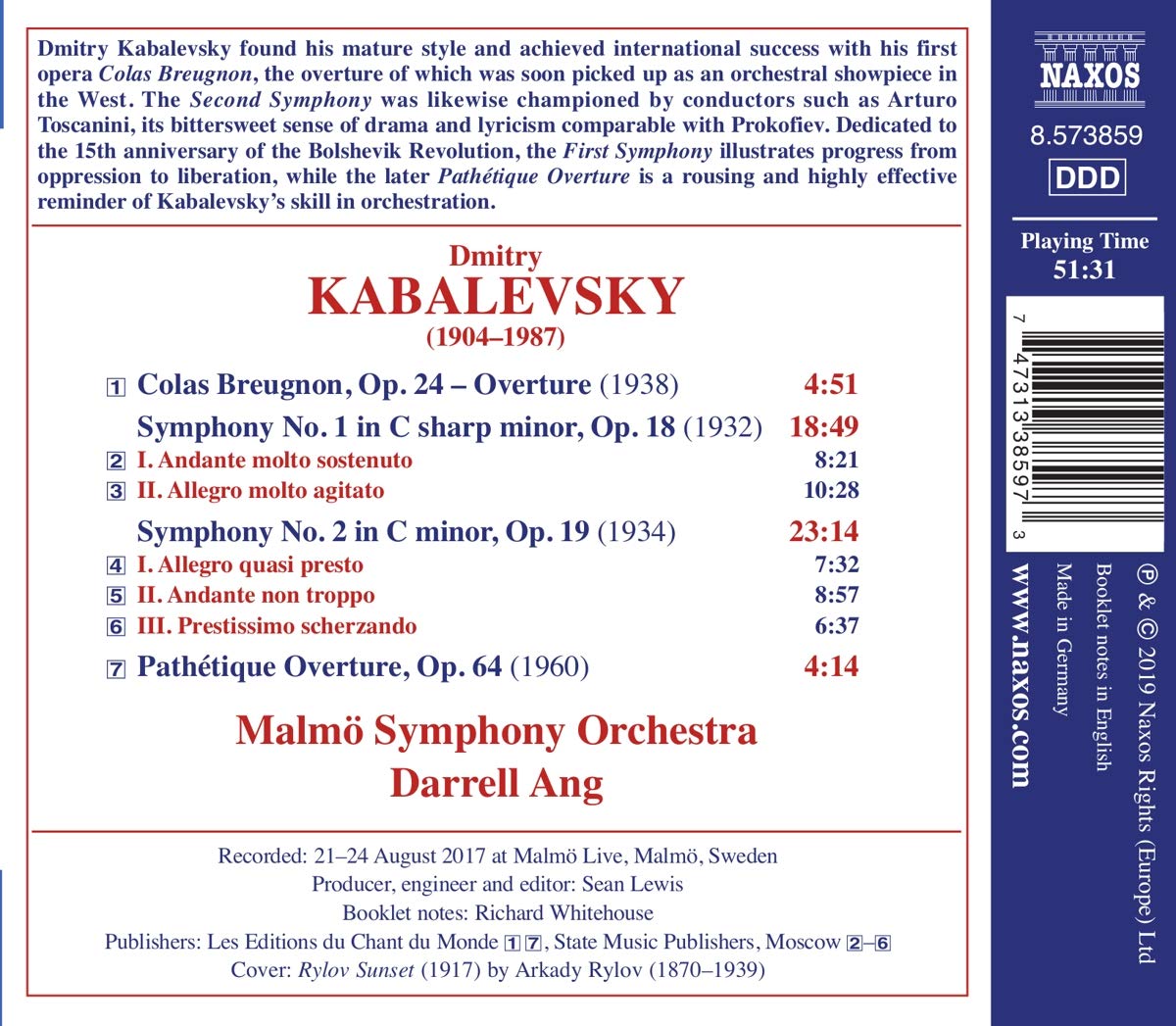 Darrell Ang 드미트리 카발레프스키: 교향곡 1, 2번, '콜라 브뢰뇽' 서곡, '비창' 서곡 (Kabalevsky: Symphonies Op.18, 19)
