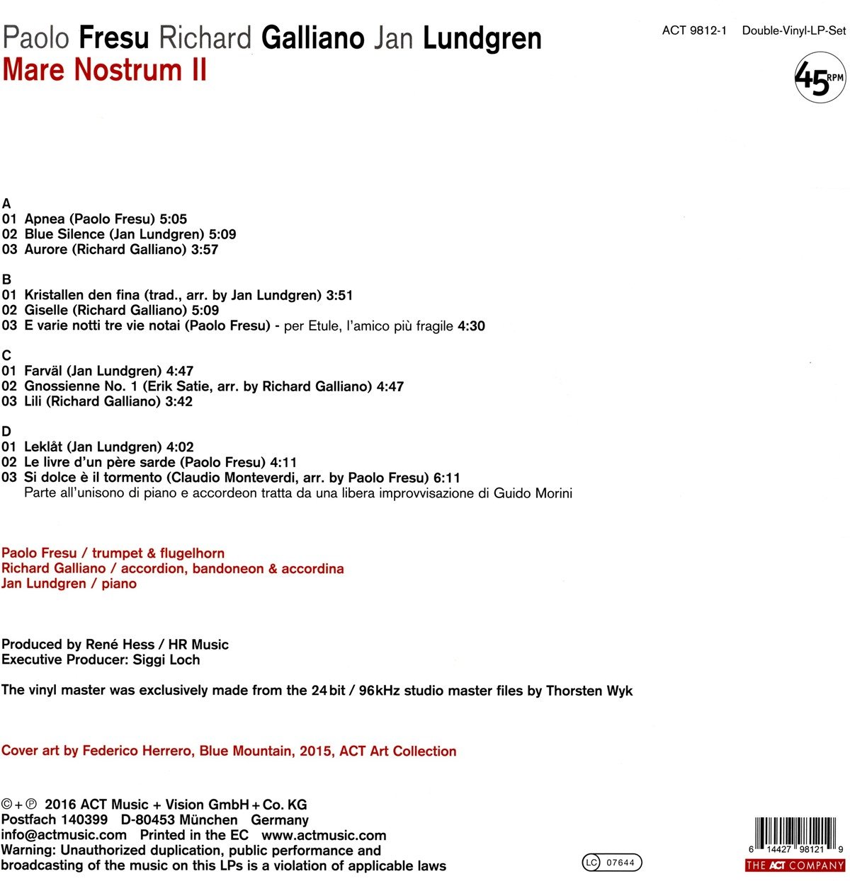 Paolo Fresu / Richard Galliano / Jan Lundgren (파올로 프레수 & 리샤르 갈리아노 & 얀 룬드그렌) - Mare Nostrum II [2LP]