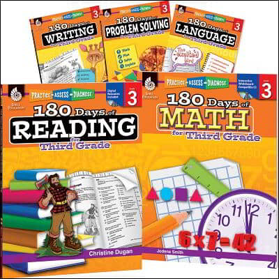 180 Days Reading, Math, Problem Solving, Writing, & Language Grade 3: 5-Book Set