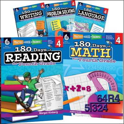 180 Days Reading, Math, Problem Solving, Writing, &amp; Language Grade 4: 5-Book Set