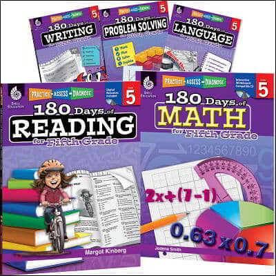 180 Days Reading, Math, Problem Solving, Writing, & Language Grade 5: 5-Book Set