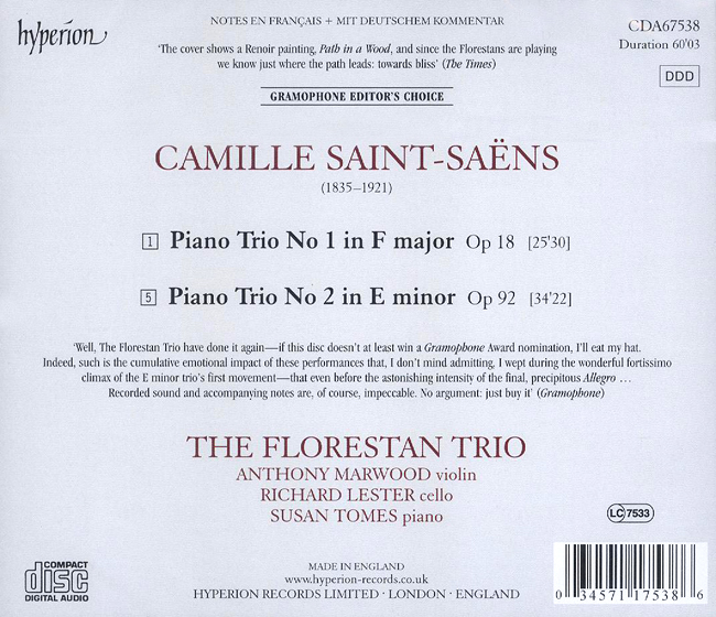 Florestan Trio 생상스: 피아노 트리오 1번 2번 (Saint-saens: Piano Trios Op.18, Op.92)