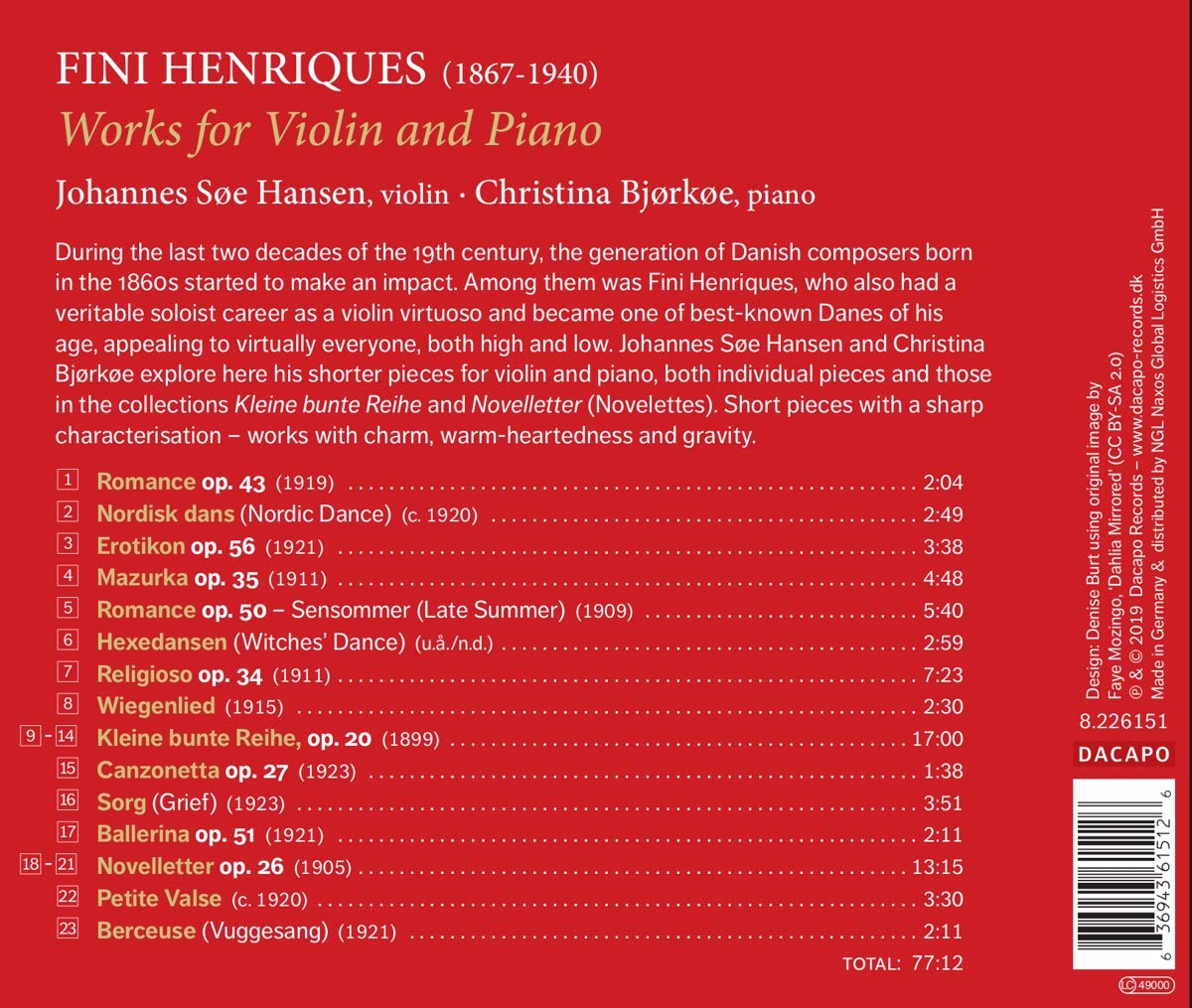 Christina Bjorkoe / Johannes Soe Hansen 피니 헨리케스: 바이올린과 피아노를 위한 음악 (Fini Henriques: Works for Violin and Piano)