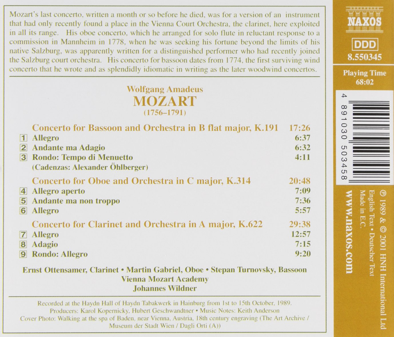 Johannes Wildner 모차르트: 클라리넷 협주곡, 오보에 협주곡, 바순 협주곡 (Mozart: Clarinet Concerto, Oboe Concerto, Bassoon Concerto)