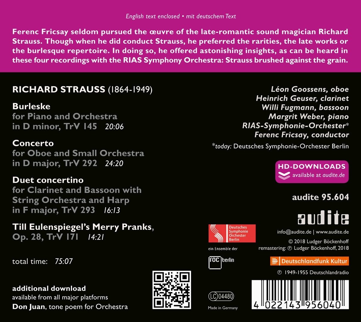 Ferenc Fricsay 슈트라우스: 부를레스케, 오보에 협주곡, 이중주 콘체트리노, 틸 오일렌슈피겔