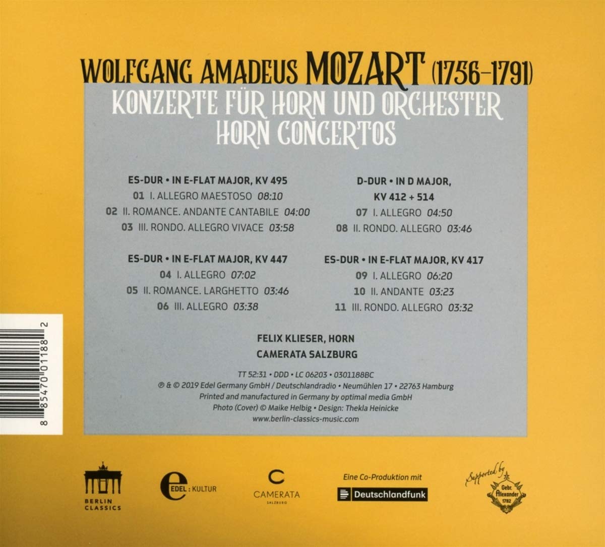 Felix Klieser 모차르트: 호른 협주곡 - 펠릭스 클리저 (Mozart: Horn Concertos KV495, 412, 447, 417)