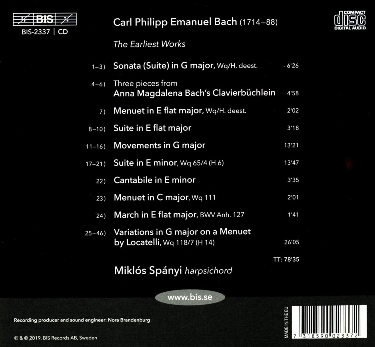 Miklos Spanyi 칼 필립 엠마누엘 바흐: 솔로 키보드 음악 38집 (C. P. E Bach: Solo Keyboard Music, Vol. 38)