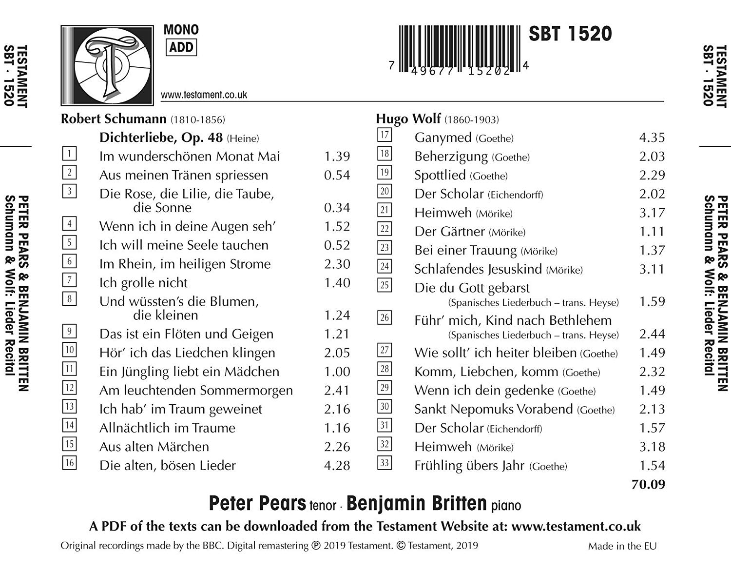 Peter Pears / Benjamin Britten 슈만: 시인의 사랑 / 볼프: 17곡의 가곡 (Schumann / Wolf: Lieder Recital)