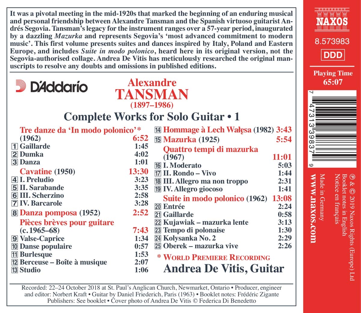 Andrea De Vitis 알렉산드르 탄스만: 기타 독주를 위한 음악 1권 (Alexandre Tansman: Complete Works for Solo Guitar, Vol. 1)