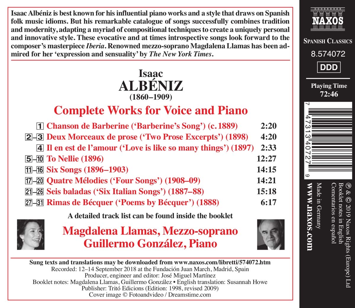 Magdalena Llamas 알베니즈: 보컬과 피아노를 위한 작품 전곡집 (Albeniz: Complete Works for Voice and Piano)