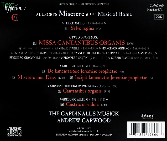 Andrew Carwood 그레고리오 알레그리: 미제레레와 로마 음악 (Gregorio Allegri: Miserere and the music of Rome)