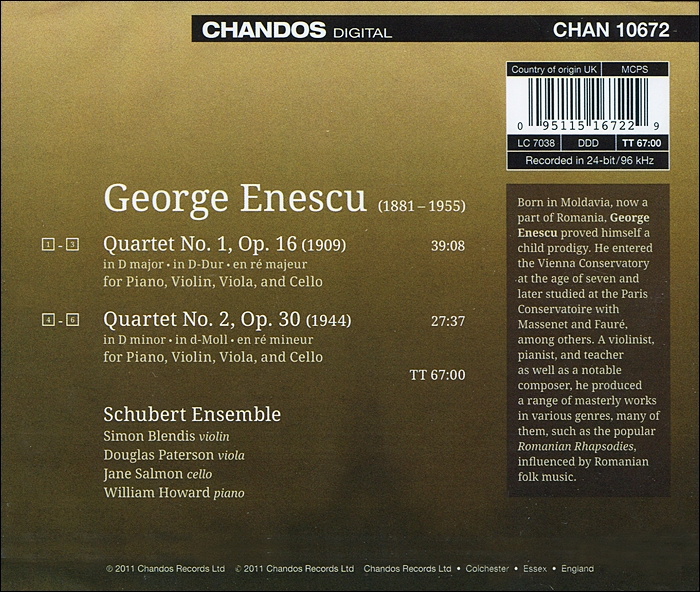 Schubert Ensemble 제오르제 에네스쿠: 피아노 4중주 1, 2번 (George Enescu: Piano Quartets Op. 16, 30)