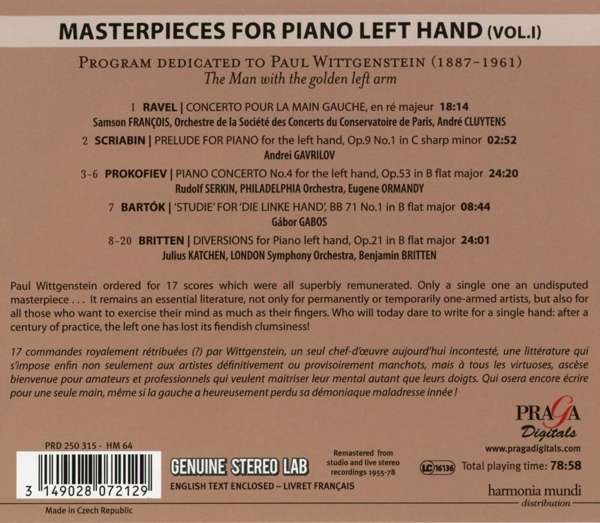 왼손을 위한 명곡집 1권 - 라벨 / 스크리아빈 / 프로코피에프 / 바르톡 / 브리튼 (Masterpieces for Piano Left Hand)