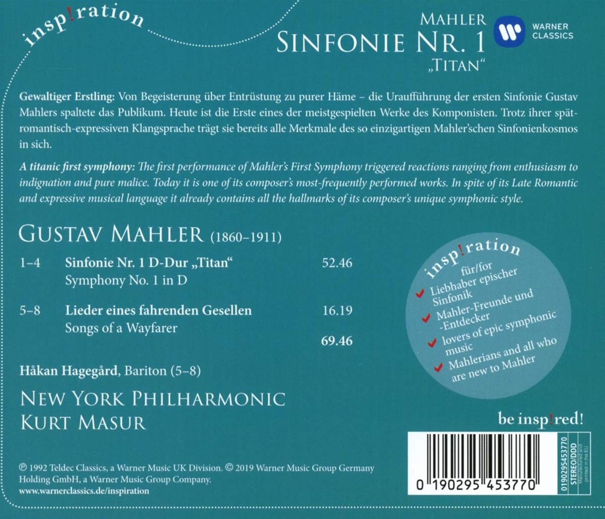 Kurt Masur 말러: 교향곡 1번 '거인', 방황하는 젊은이의 노래 (Mahler: Symphony No. 1 'Titan', Songs of a Wayfarer)
