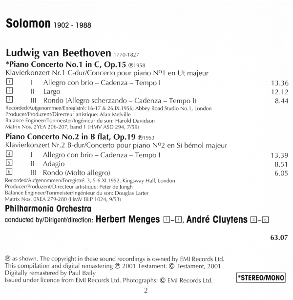 Solomon 베토벤: 피아노 협주곡 1번 2번 - 솔로몬 (Beethoven: Piano Concertos Op.15, Op.19)