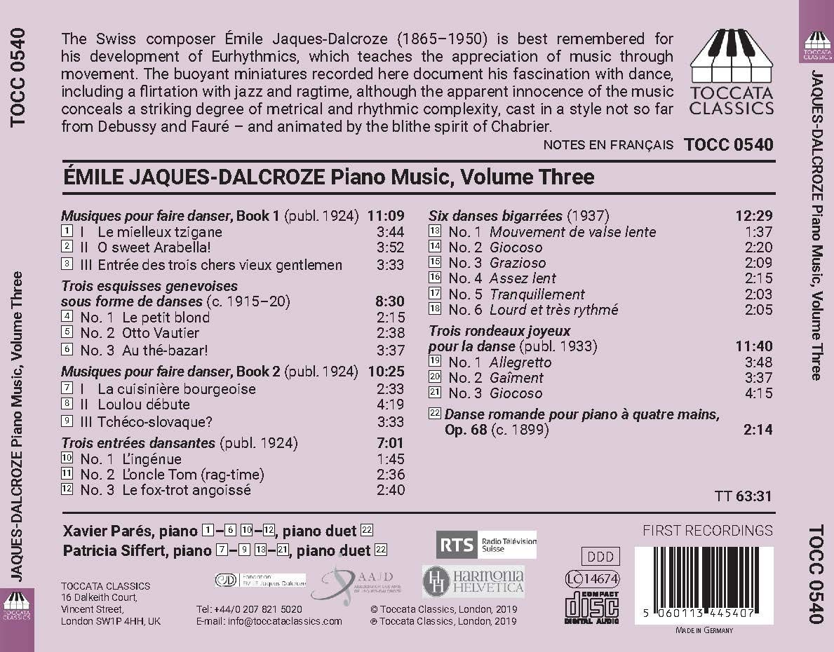 Xavier Pares / Patricia Siffert 에밀 자크-달크로즈: 피아노작품 3집 - 무용을 위한 음악 (Emile Jaques-Dalcroze: Piano Music Vol. 3)