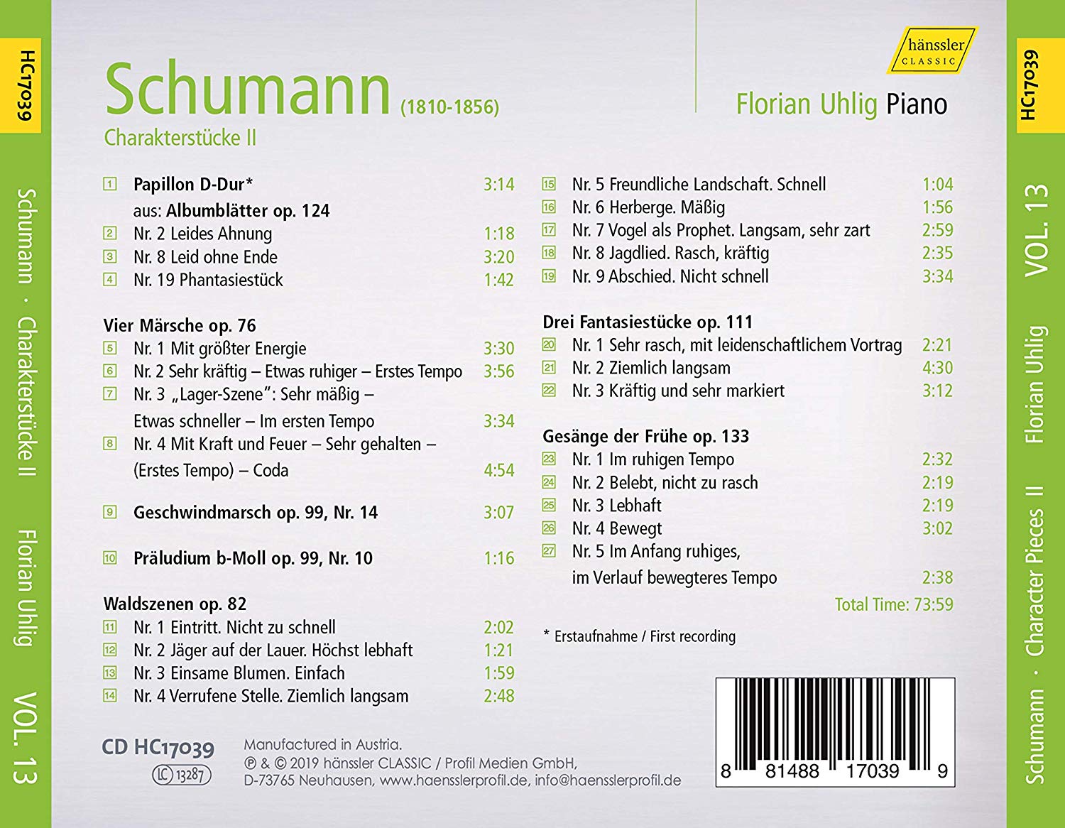 Florian Uhlig 슈만: 피아노 작품 전곡 13집 - 나비, 숲의 정경, 환상 소곡집 (Schumann: Complete Piano Works Vol. 13)