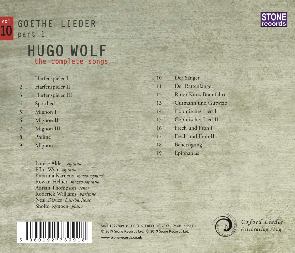 휴고 볼프: 가곡 전곡 10집 - 괴테 가곡 1부 (Hugo Wolf: The Complete Songs Vol. 10)