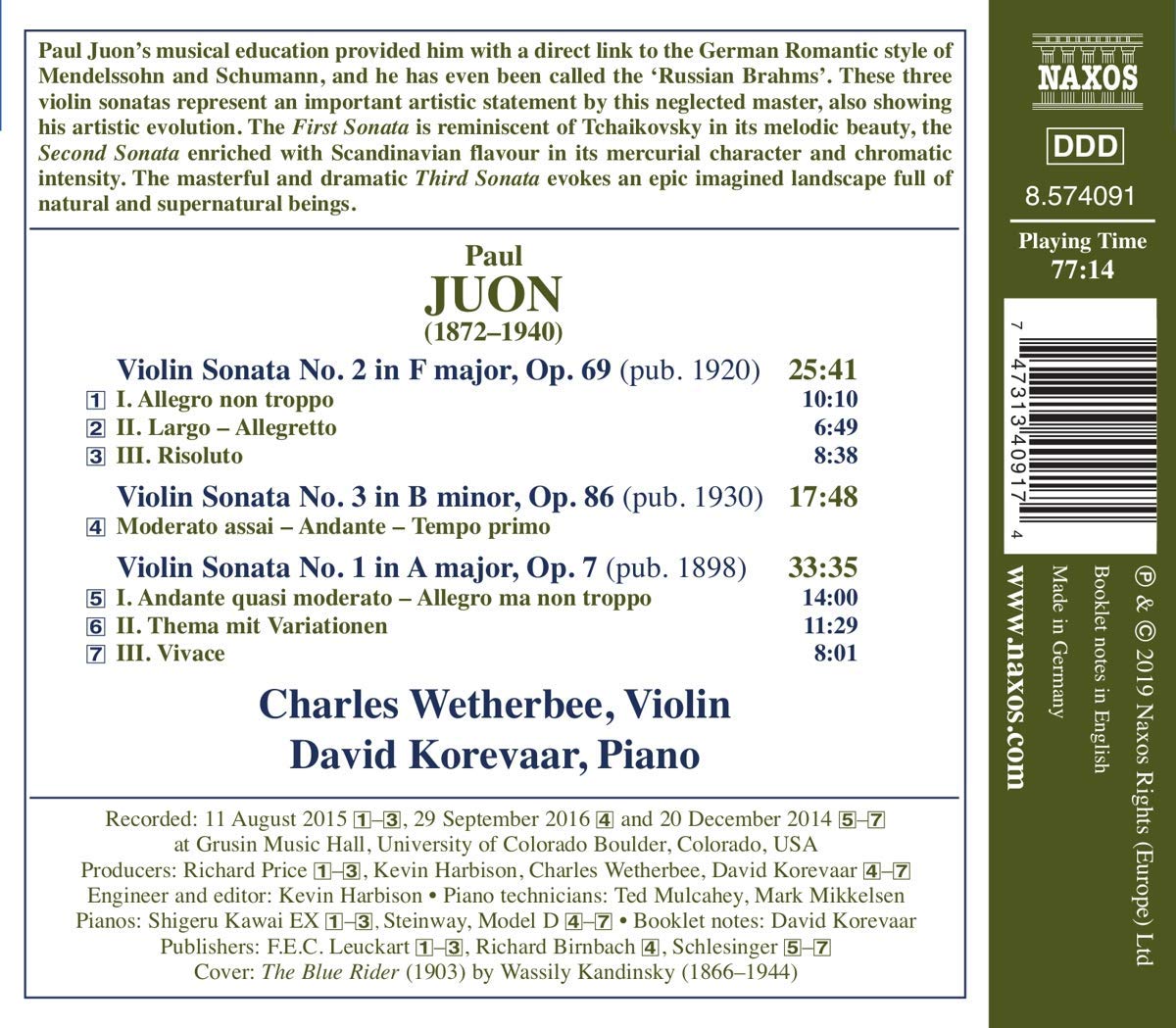 Charles Wetherbee 파울 유온: 바이올린 소나타 1-3번 (Paul Juon: Violin Sonatas Op. 69, 86, 7)