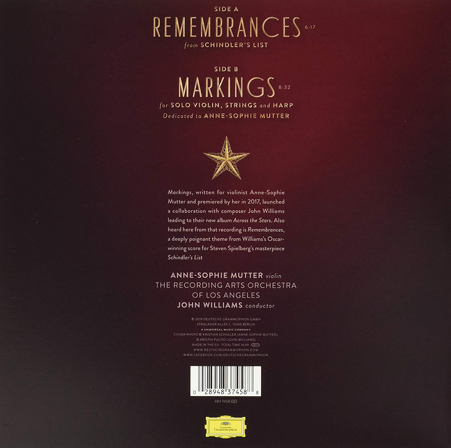 Anne-Sophie Mutter 존 윌리엄스: 영화 `쉰들러 리스트` (John Williams: Remembrances, Marking) [10인치 싱글 에디션 Vinyl]