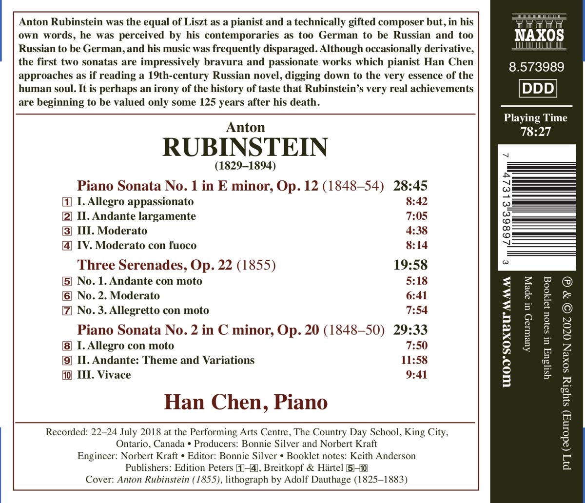 Han Chen 안톤 루빈스타인: 피아노 소나타 1, 2번, 세 개의 세레나데 (Anton Rubinstein: Piano Sonatas Op. 12, 20, Three Serenades)