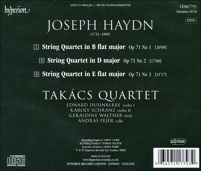 Takacs Quartet 하이든: 현악 사중주 1-3번 - 타카치 사중주단 (Haydn: String Quaretes Op.71 Nos.1-3) 