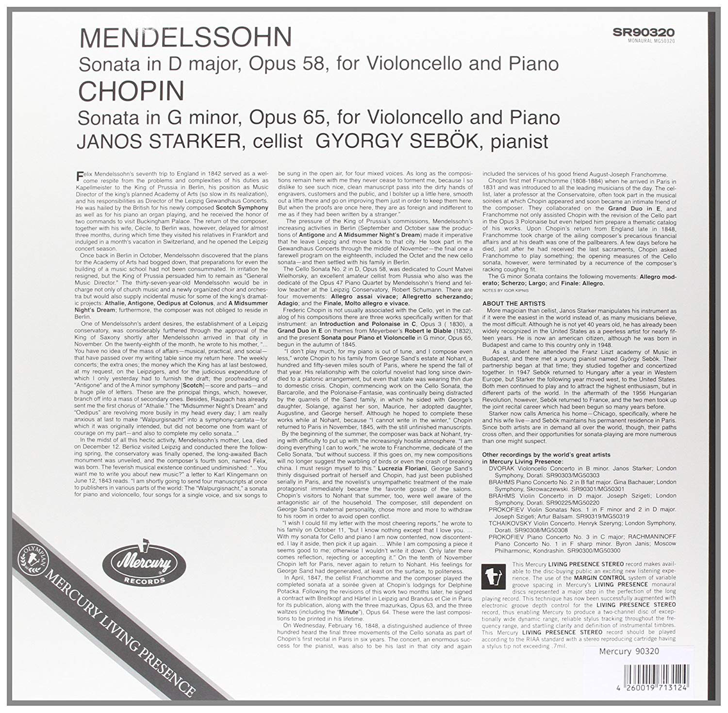 Janos Starker 멘델스존 / 쇼팽: 첼로 소나타 - 야노스 슈타커 (Mendelssohn: Cello Sonata No.2 / Chopin: Cello Sonata) [LP]