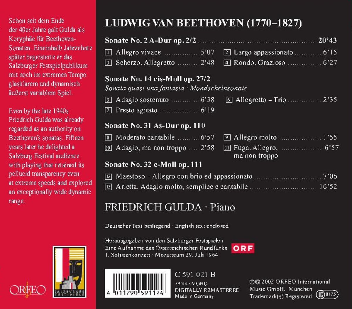 Friedrich Gulda 베토벤: 피아노 소나타 2, 14번 `월광`, 31, 32번 - 프리드리히 굴다 (Beethoven: Piano Sonata )
