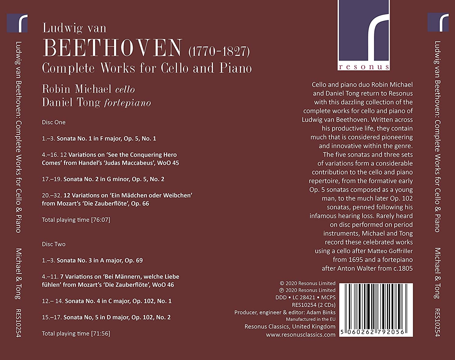 Robin Michael / Daniel Tong 베토벤: 첼로 소나타 전곡 (Beethoven: Complete Works for Cello and Piano)
