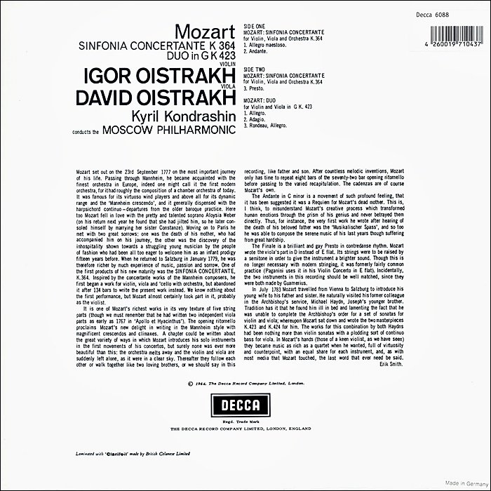 David and Igor Oistrakh 모차르트: 신포니아 콘체르탄테 (Mozart: Sinfonia concertante) [LP]