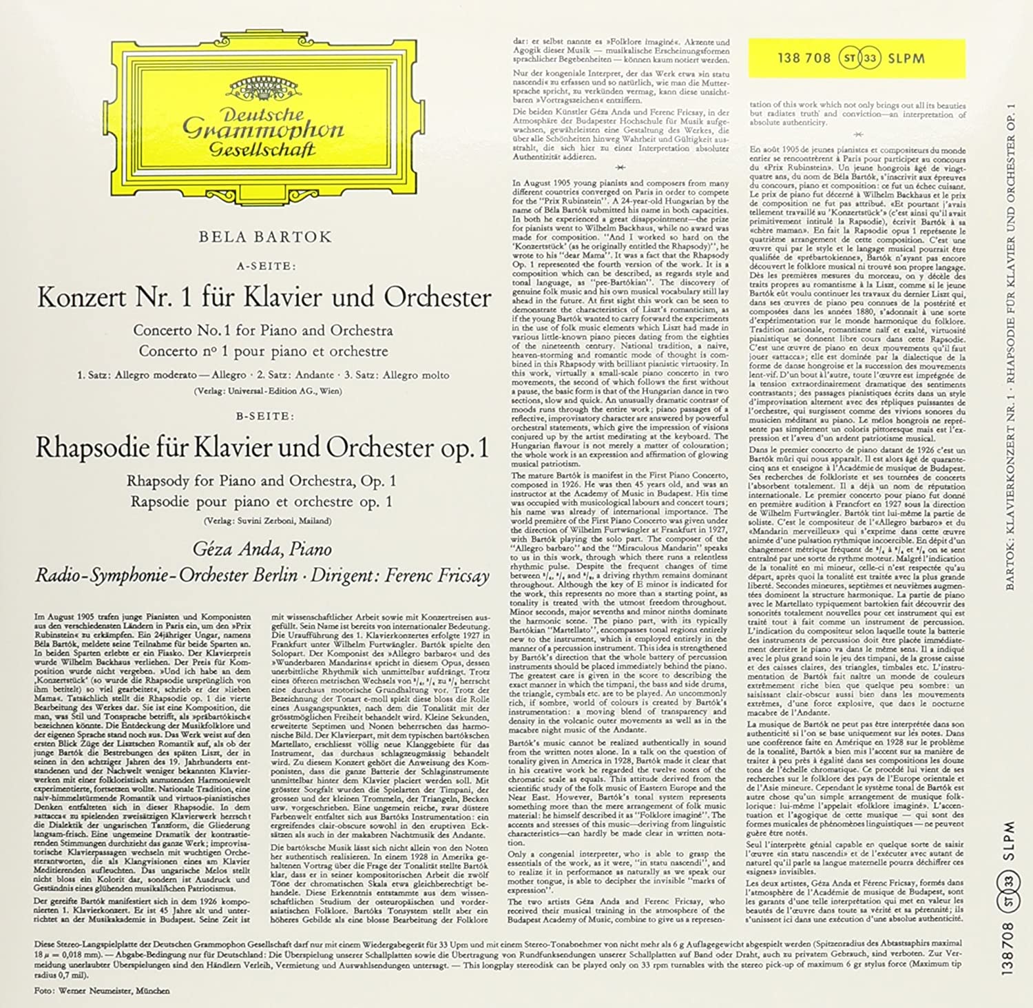 Geza Anda / Frenec Fricsay 바르톡: 피아노 협주곡 1번, 랩소디 (Bartok: Piano Concerto No.1, Rhapsody Op.1) [LP]