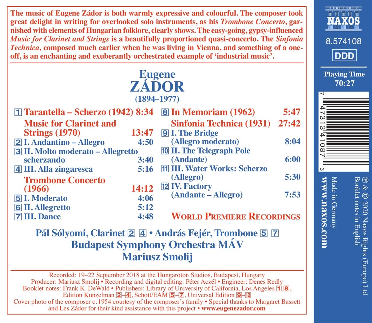 Mariusz Smolij 예뇌 자도르: 신포니아 테크니카, 클라리넷과 현을 위한 음악, 트럼본 협주곡 등 (Eugene Zador: Sinfonia Technica etc.)