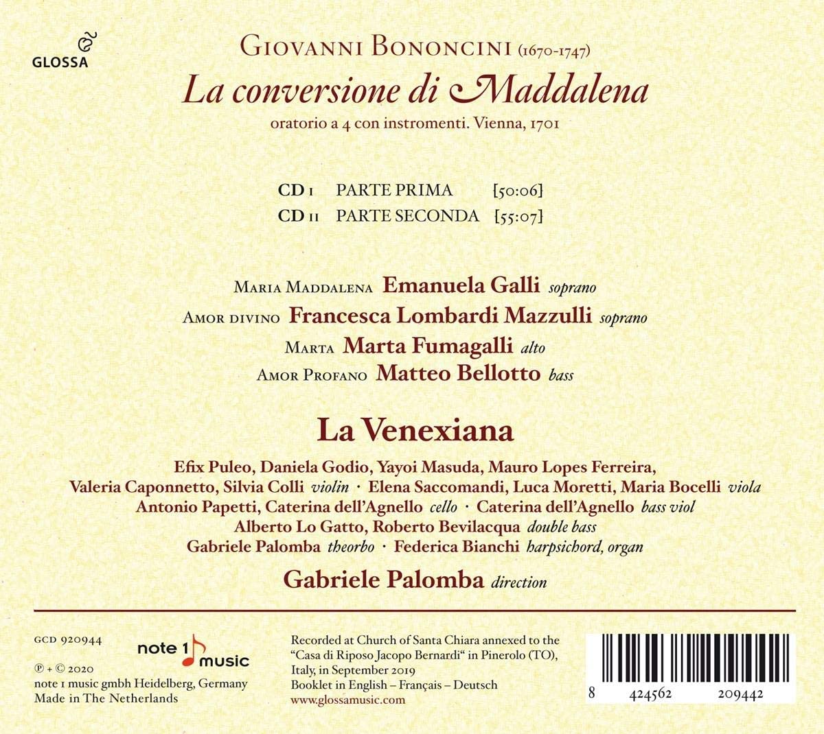 La Venexiana 조반니 바티스타 보논치니: 막달레나의 회개 (Giovanni Battista Bononcini: La Conversione Di Maddalena)