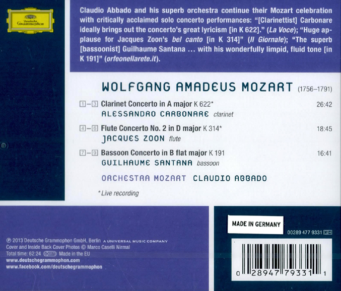 Claudio Abbado 모차르트: 클라리넷 협주곡, 바순 협주곡, 플루트 협주곡 (Mozart: Clarinet Concerto, Bassoon Concerto, Flute Concerto)