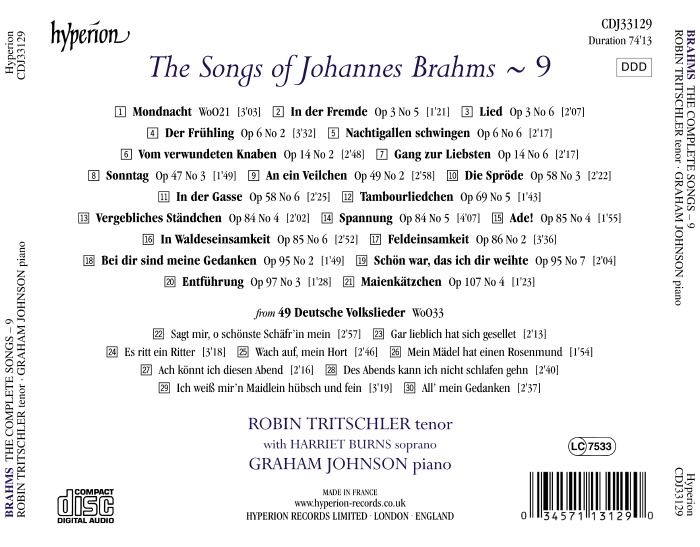 Robin Tritschler 브람스: 가곡 전곡 9집 (Brahms: The Complete Songs, Vol. 9)