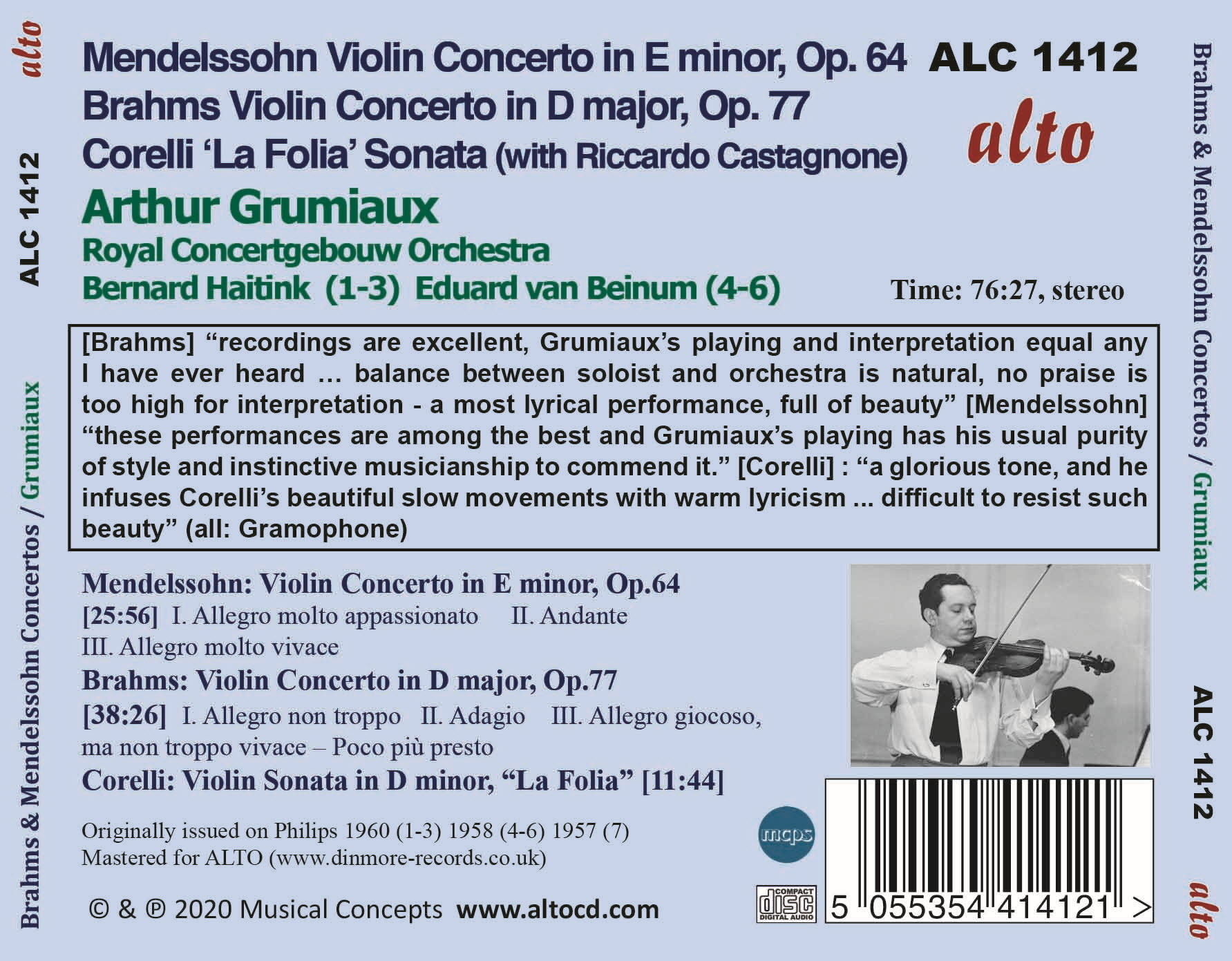 Arthur Grumiaux 브람스 / 멘델스존: 바이올린 협주곡 / 코렐리: 라 폴리아 - 아르투르 그뤼미오 