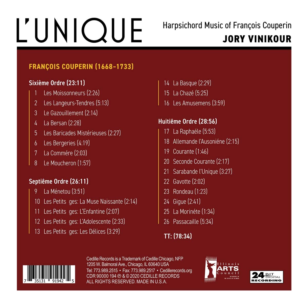 Jory Vinikour 프랑수아 쿠프랭: 하프시코드 6-8번 모음곡 (Francois Couperin: Pieces de clavecin II 6-8)