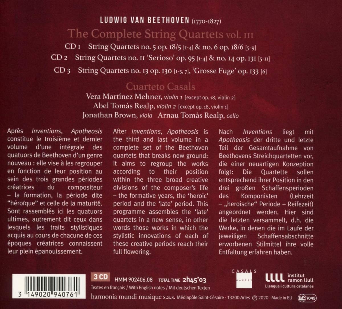 Cuarteto Casals 베토벤: 현악 사중주 전곡 3집 - 카잘스 사중주단 (Beethoven: Complete String Quartets Vol.3)