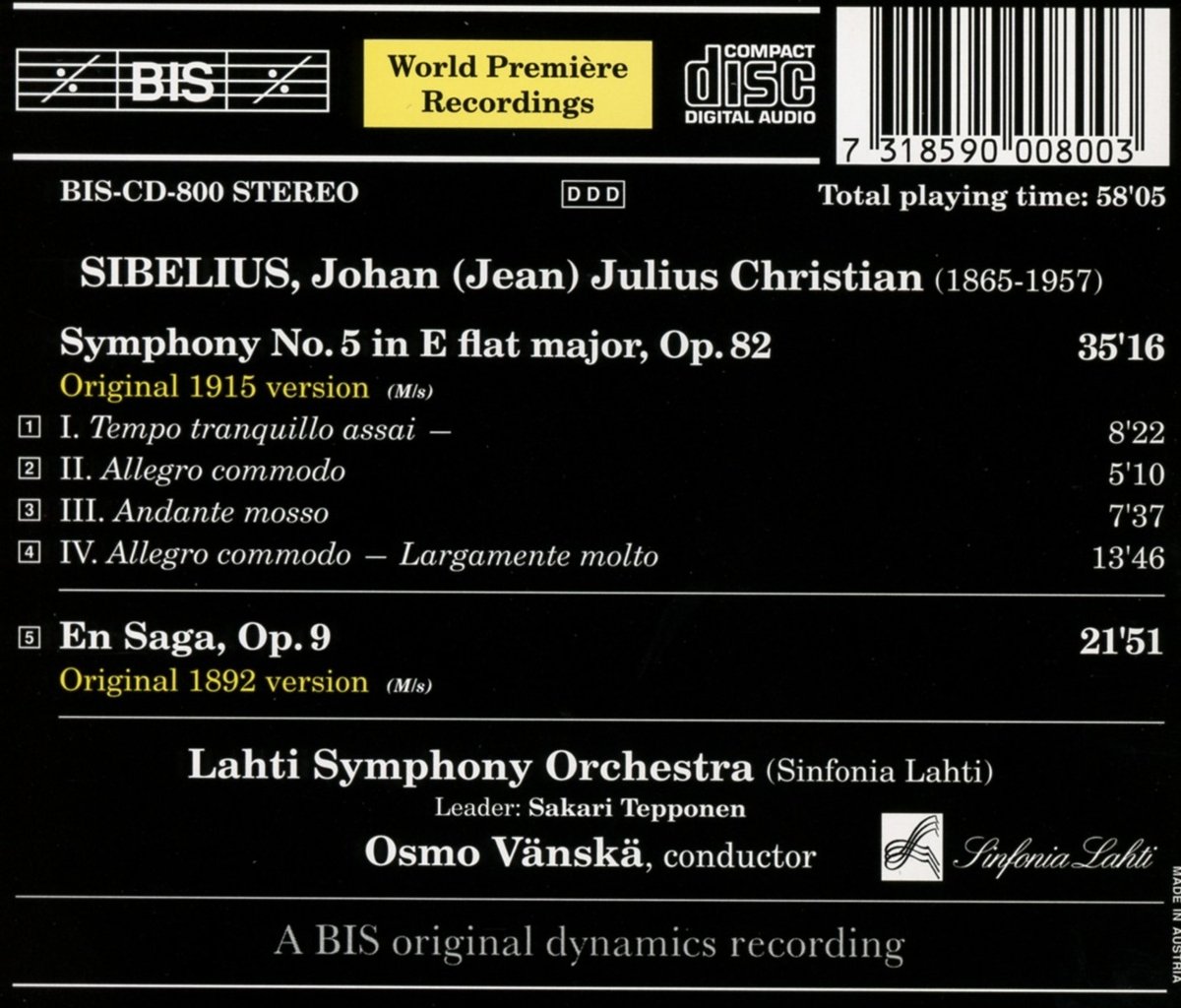 Osmo Vanska 시벨리우스: 교향곡 5번, 전설 (Sibelius: Symphony Op. 82, En Saga)