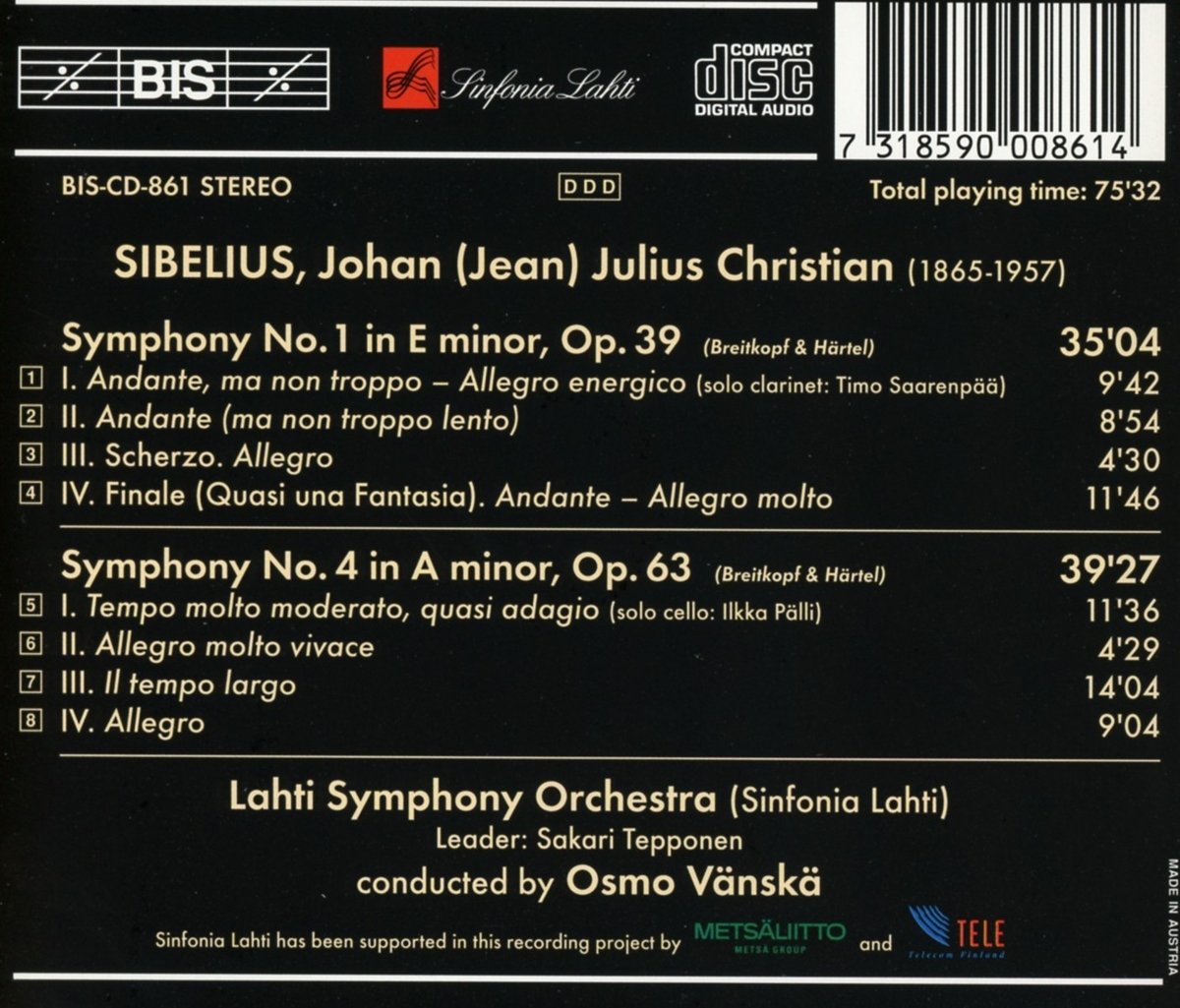 Osmo Vanska 시벨리우스: 교향곡 1, 4번 (Sibelius: Symphony Op. 39, 63)