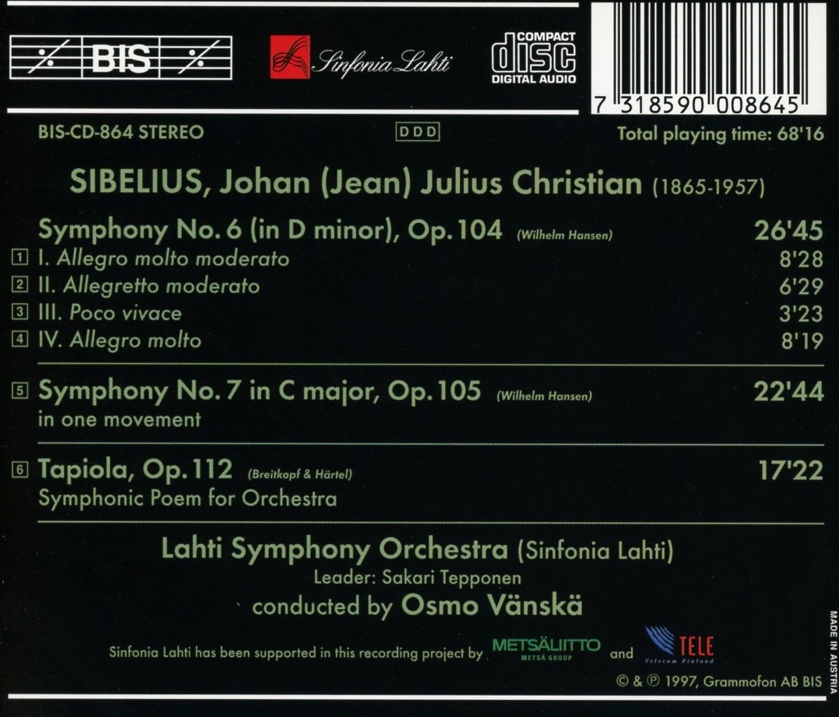 Osmo Vanska 시벨리우스: 교향곡 6, 7번, 타피올라 (Sibelius: Symphony Op. 104, 105, Tapiola)
