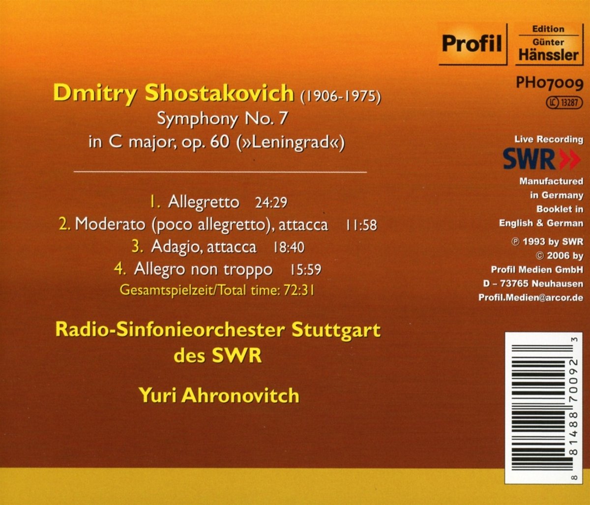 Yuri Ahronovitch 쇼스타코비치: 교향곡 7번 (Shostakovich: Symphony No.7)