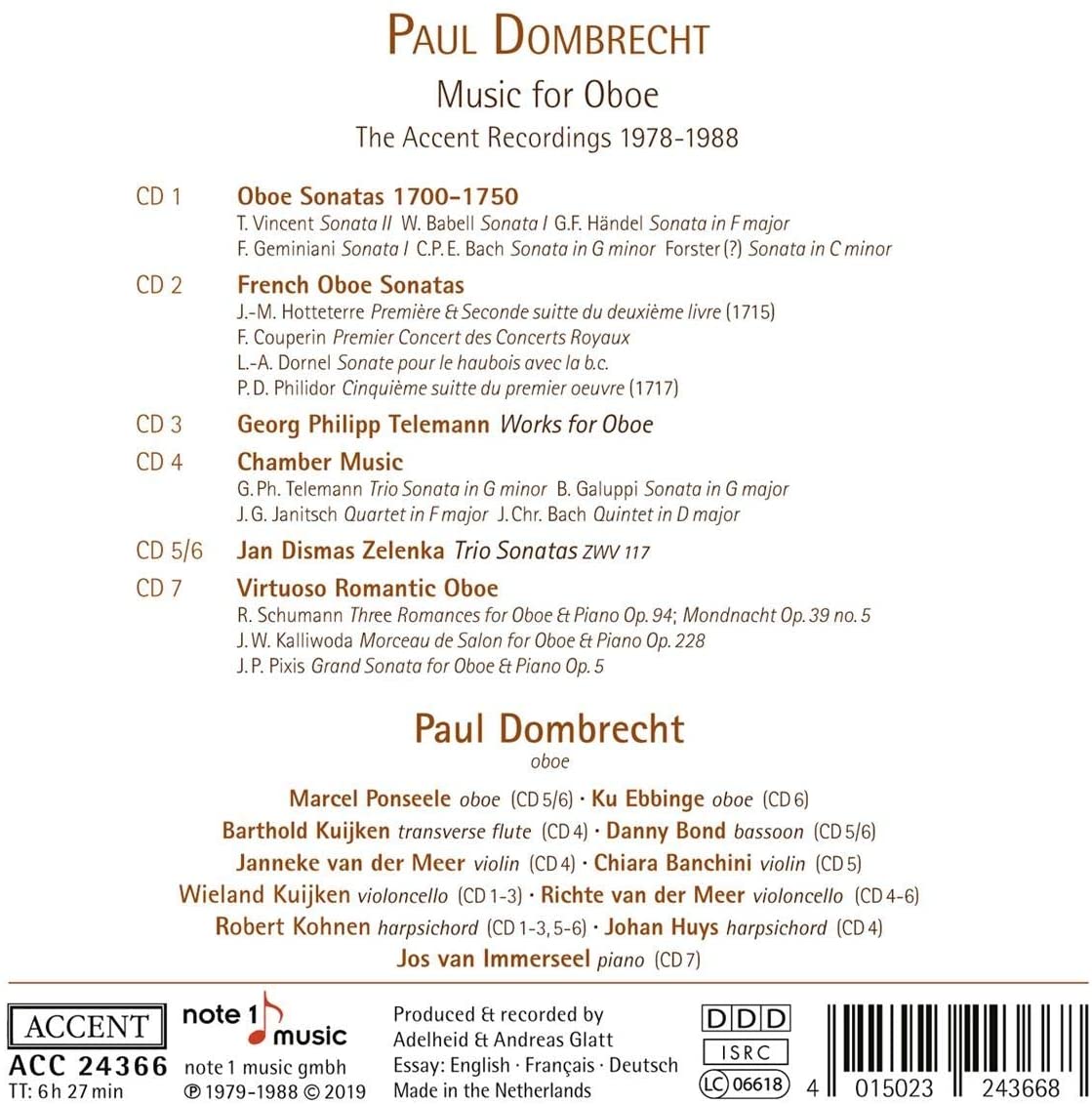 Paul Dombrecht 오보에를 위한 음악 - 파울 돔브레히트 1978-88년 Accent 레코딩 (Music for Oboe)