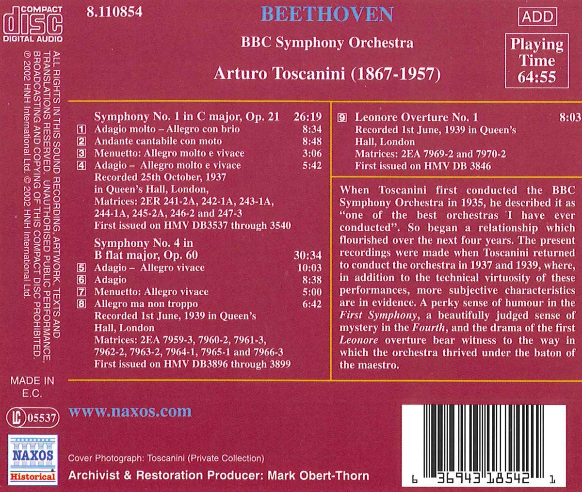 Arturo Toscanini 베토벤: 교향곡 1,4번 - 아르투르 토스카니니 (Beethoven: Symphony No.1 & No.4)